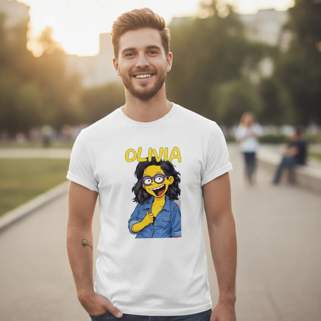 Custom Yellow Cartoon Image with Text on Top Graphic Tee