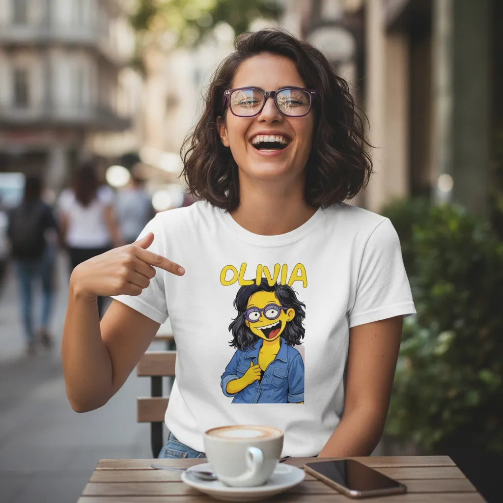 Custom Yellow Cartoon Image with Text on Top Graphic Tee